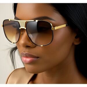 Sunglasses Gold Frame Brown Lens Gold Accents Women Shades Trendy Luxury‎ Style